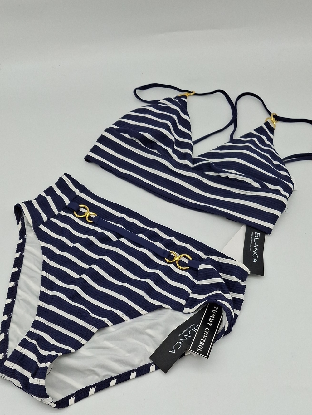 La Blanca Capri Stripe Longline Bikini Top High Waist Bottoms 2pc Indigo White 6